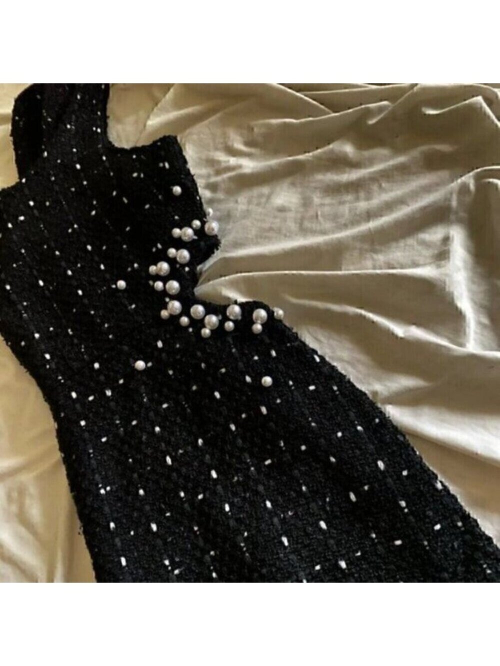 Black Texture Tweed Weave Cutout Mini Dress With Faux Pearls L - Picture 14 of 16